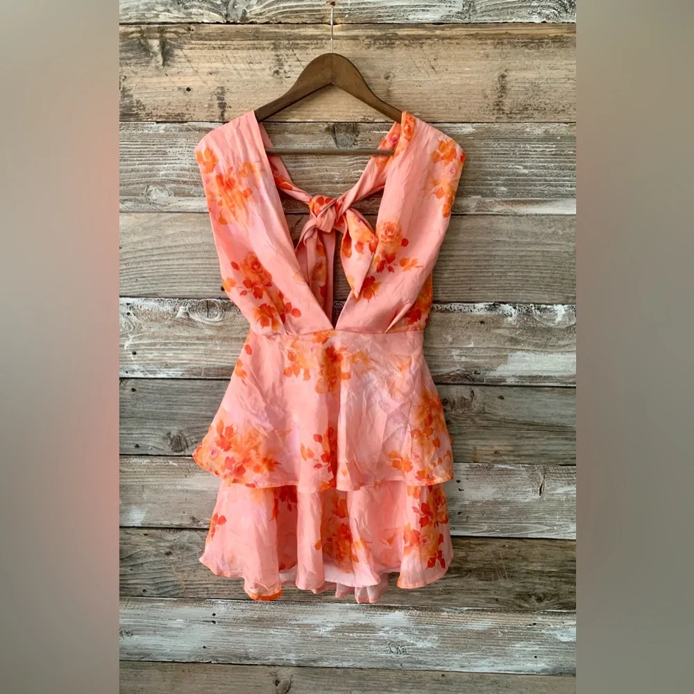 Hello Molly Peach Pink Floral Halter Tiered Mini Dress - Picture 2 of 7